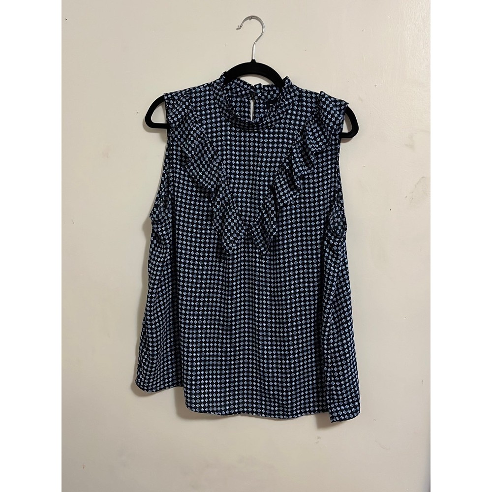 Who what wear is blue floral graphic print ruffle cap sleeveless Blouse